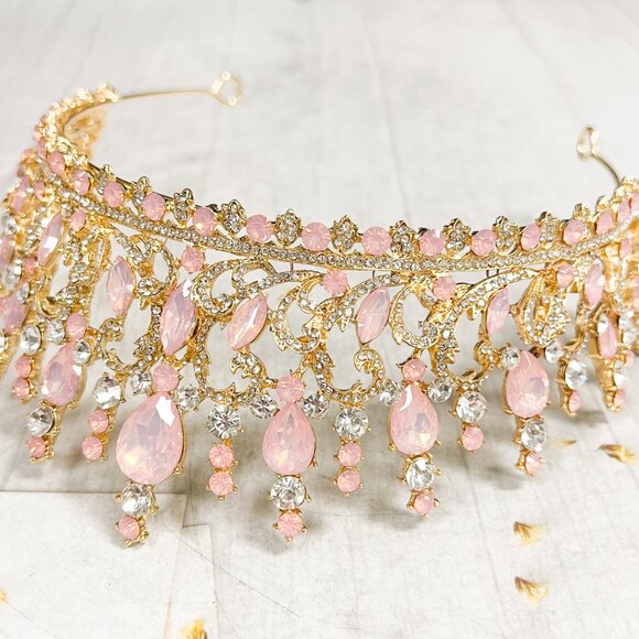 Pink and Gold Crystal Tiara Wedding Princess Gemstone Crown Adult women’s queen - Picture 6 of 11